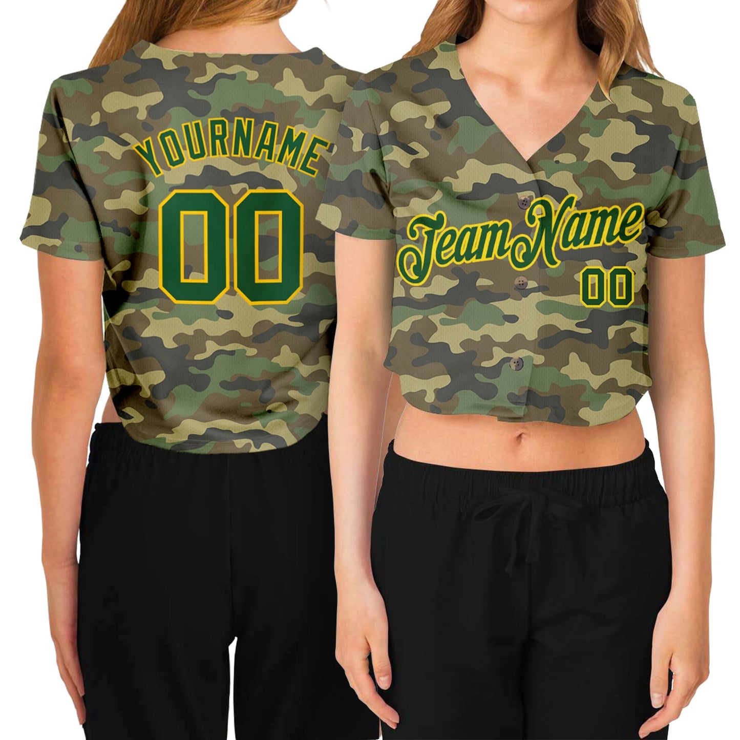 Custom Women's Camo Green-Gold Salute To Service V-Neck Cropped Baseball Jersey - Sky-Custom