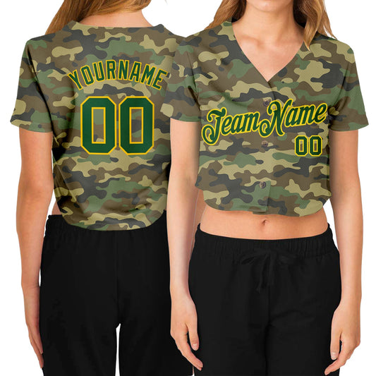 Custom Women's Camo Green-Gold Salute To Service V-Neck Cropped Baseball Jersey - Sky-Custom