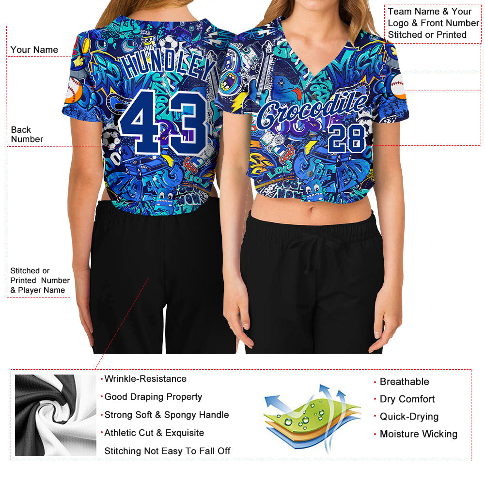 Custom Women's Graffiti Pattern Royal-White Abstract Urban Street Art 3D V-Neck Cropped Baseball Jersey - Sky-Custom