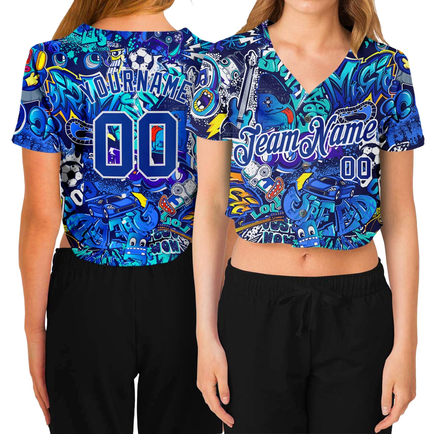 Custom Women's Graffiti Pattern Royal-White Abstract Urban Street Art 3D V-Neck Cropped Baseball Jersey - Sky-Custom
