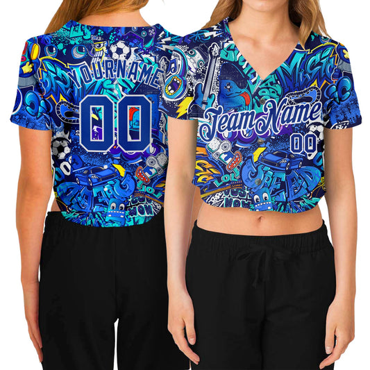 Custom Women's Graffiti Pattern Royal-White Abstract Urban Street Art 3D V-Neck Cropped Baseball Jersey - Sky-Custom