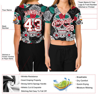 Custom Women's Graffiti Pattern White-Red Skull Fashion 3D V-Neck Cropped Baseball Jersey - Sky-Custom