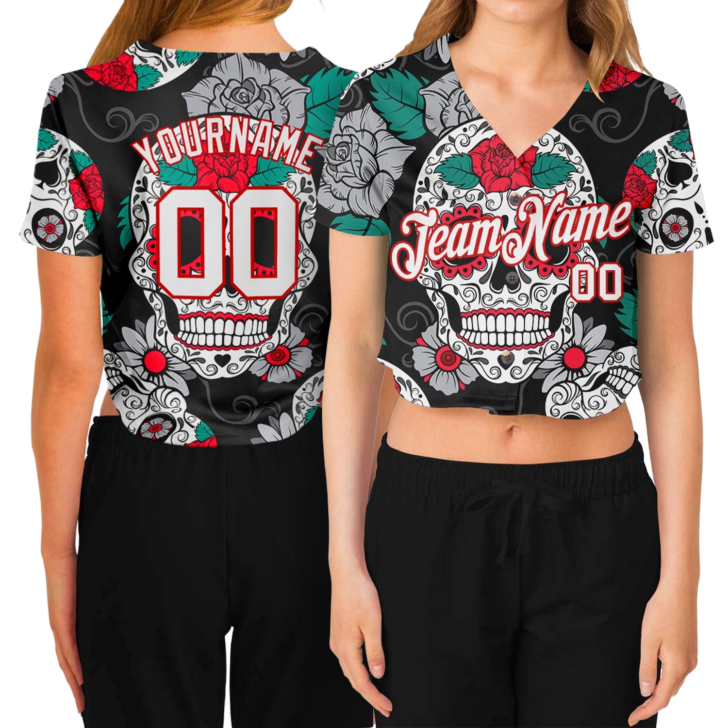 Custom Women's Graffiti Pattern White-Red Skull Fashion 3D V-Neck Cropped Baseball Jersey - Sky-Custom