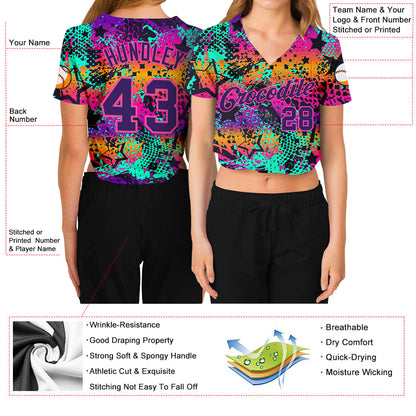Custom Women's Graffiti Pattern Purple-Pink Bright Neon Colors 3D V-Neck Cropped Baseball Jersey - Sky-Custom