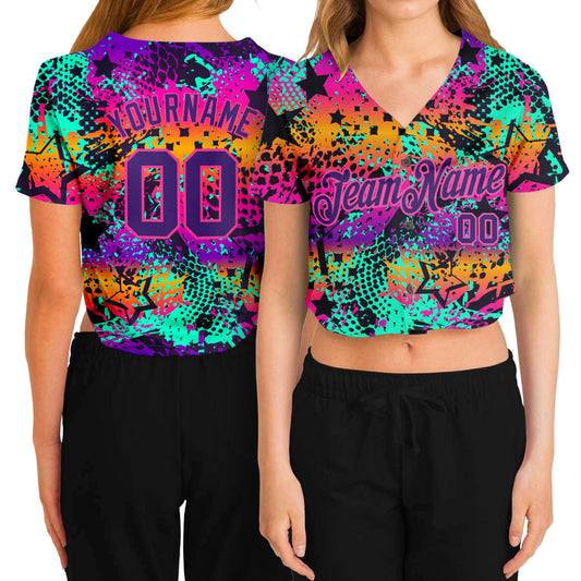 Custom Women's Graffiti Pattern Purple-Pink Bright Neon Colors 3D V-Neck Cropped Baseball Jersey - Sky-Custom