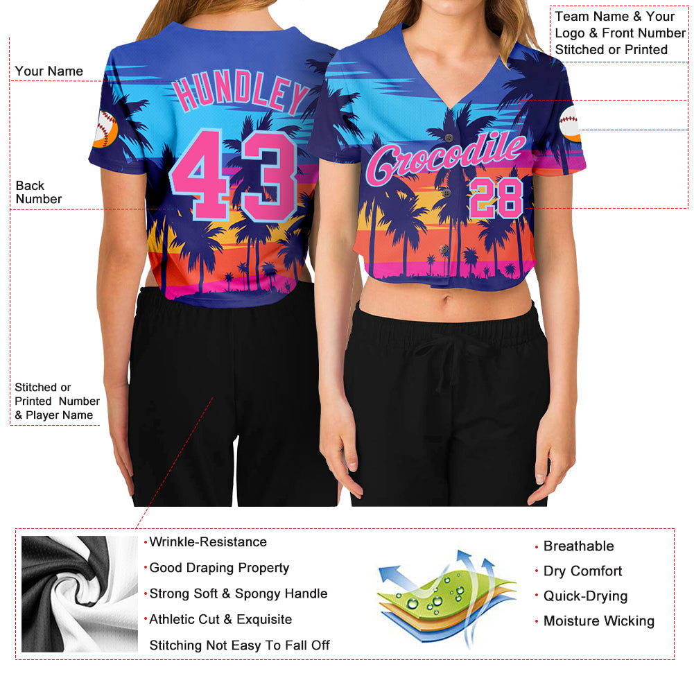 Custom Women's Royal Pink-Light Blue Hawaii Palm Trees 3D V-Neck Cropped Baseball Jersey - Sky-Custom