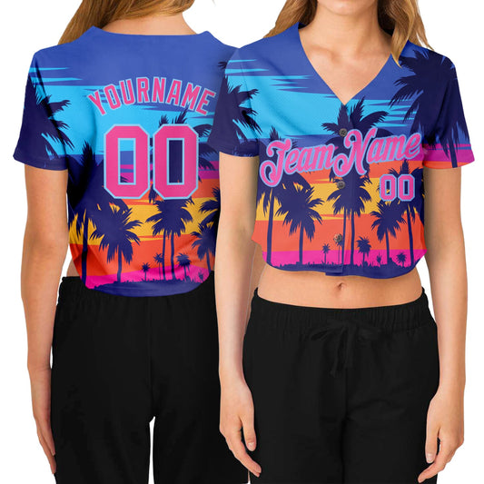 Custom Women's Royal Pink-Light Blue Hawaii Palm Trees 3D V-Neck Cropped Baseball Jersey - Sky-Custom