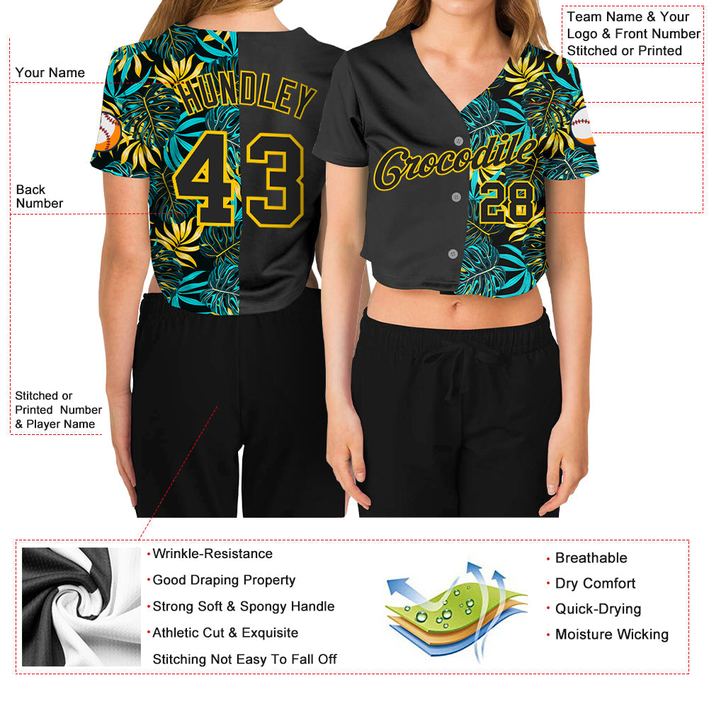Custom Women's Black Black-Gold Tropical Palm Leaves 3D V-Neck Cropped Baseball Jersey - Sky-Custom
