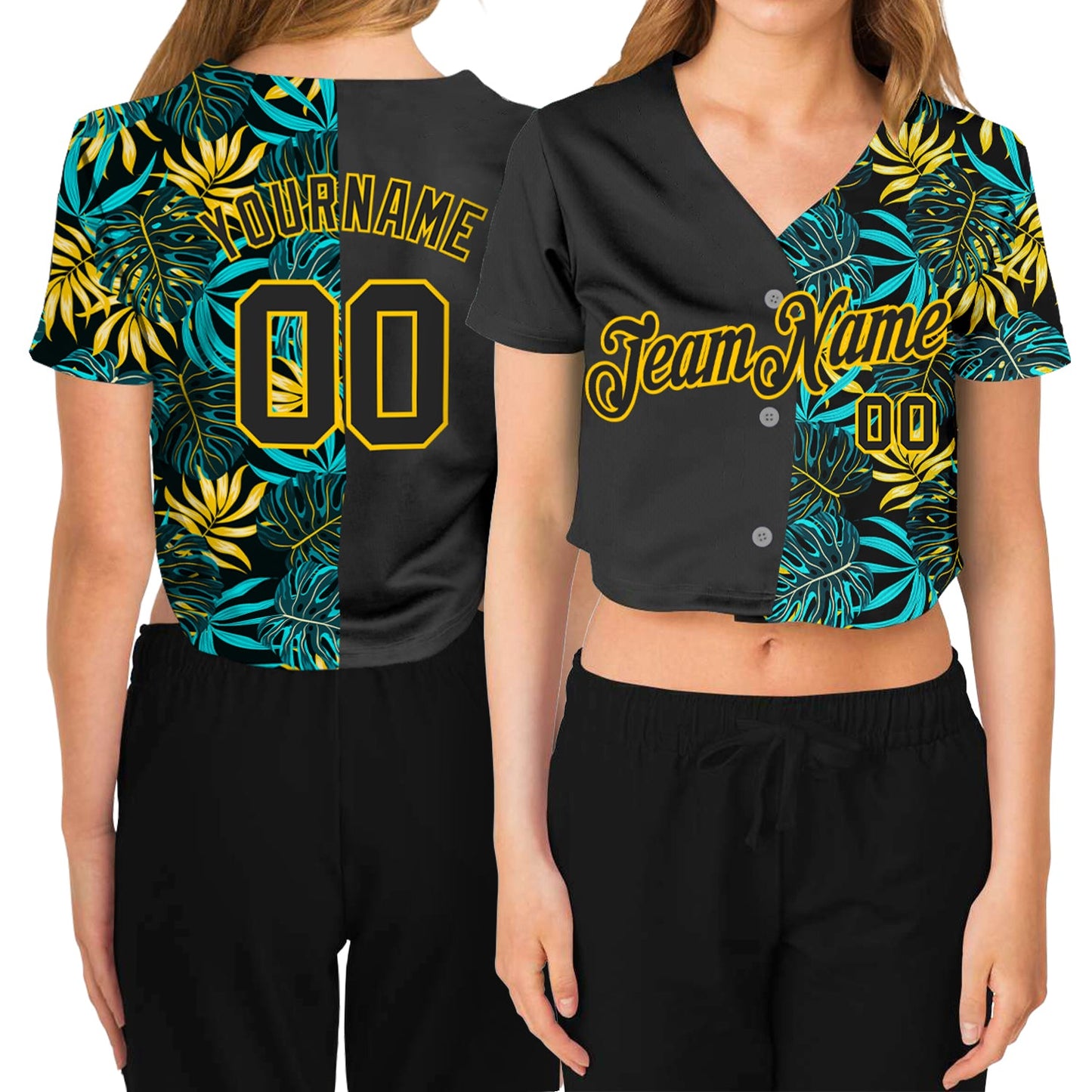 Custom Women's Black Black-Gold Tropical Palm Leaves 3D V-Neck Cropped Baseball Jersey - Sky-Custom