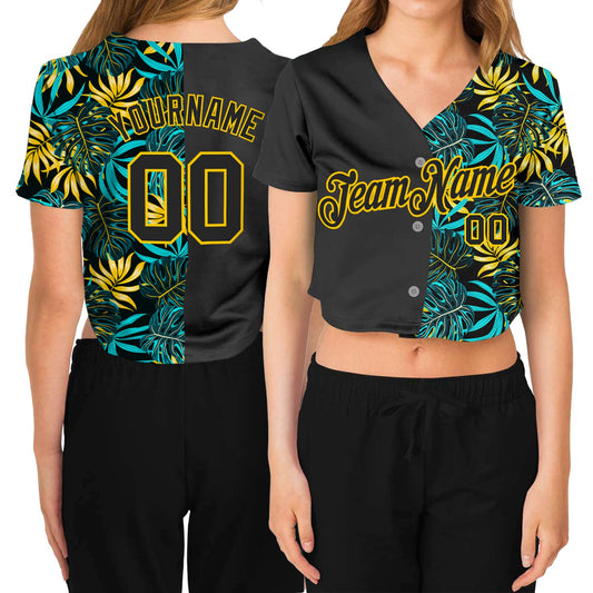 Custom Women's Black Black-Gold Tropical Palm Leaves 3D V-Neck Cropped Baseball Jersey - Sky-Custom