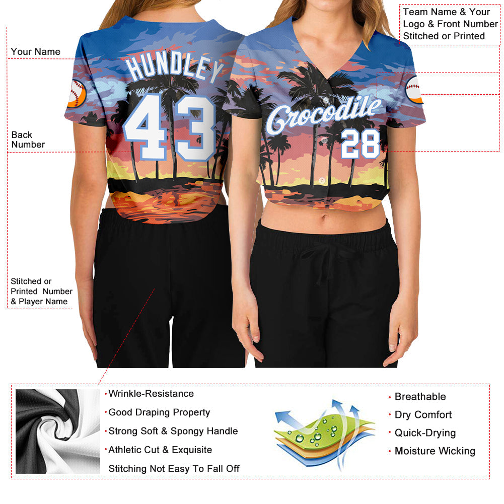 Custom Women's Light Blue White-Light Blue Hawaii Palm Trees 3D V-Neck Cropped Baseball Jersey - Sky-Custom