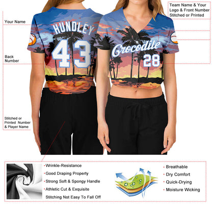 Custom Women's Light Blue White-Light Blue Hawaii Palm Trees 3D V-Neck Cropped Baseball Jersey - Sky-Custom