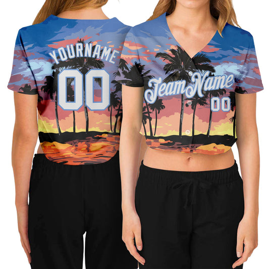 Custom Women's Light Blue White-Light Blue Hawaii Palm Trees 3D V-Neck Cropped Baseball Jersey - Sky-Custom