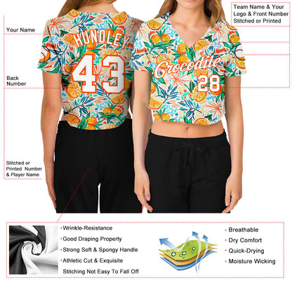 Custom Women's White White-Orange Fruits 3D V-Neck Cropped Baseball Jersey - Sky-Custom