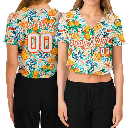 Custom Women's White White-Orange Fruits 3D V-Neck Cropped Baseball Jersey - Sky-Custom