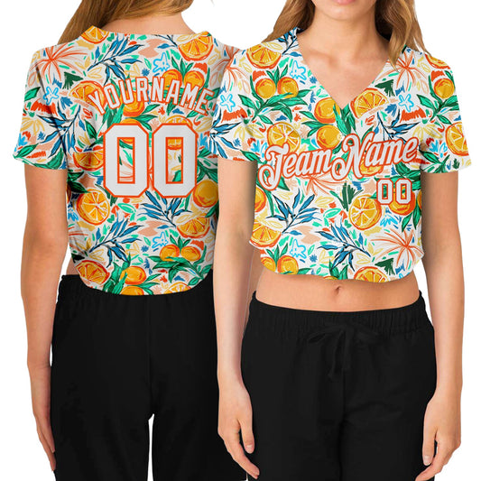 Custom Women's White White-Orange Fruits 3D V-Neck Cropped Baseball Jersey - Sky-Custom