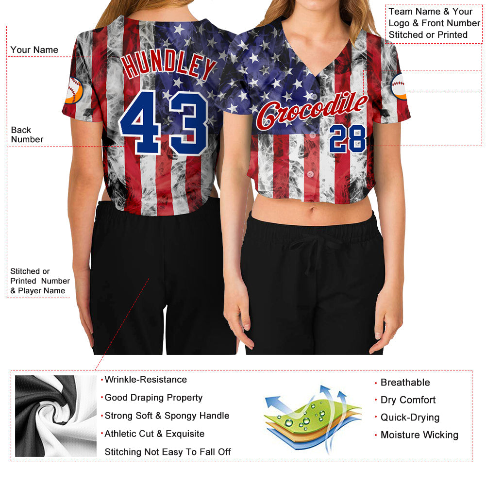 Custom Women's White Royal-Red American Flag Fashion 3D V-Neck Cropped Baseball Jersey - Sky-Custom
