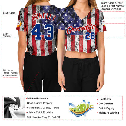 Custom Women's White Royal-Red American Flag Fashion 3D V-Neck Cropped Baseball Jersey - Sky-Custom