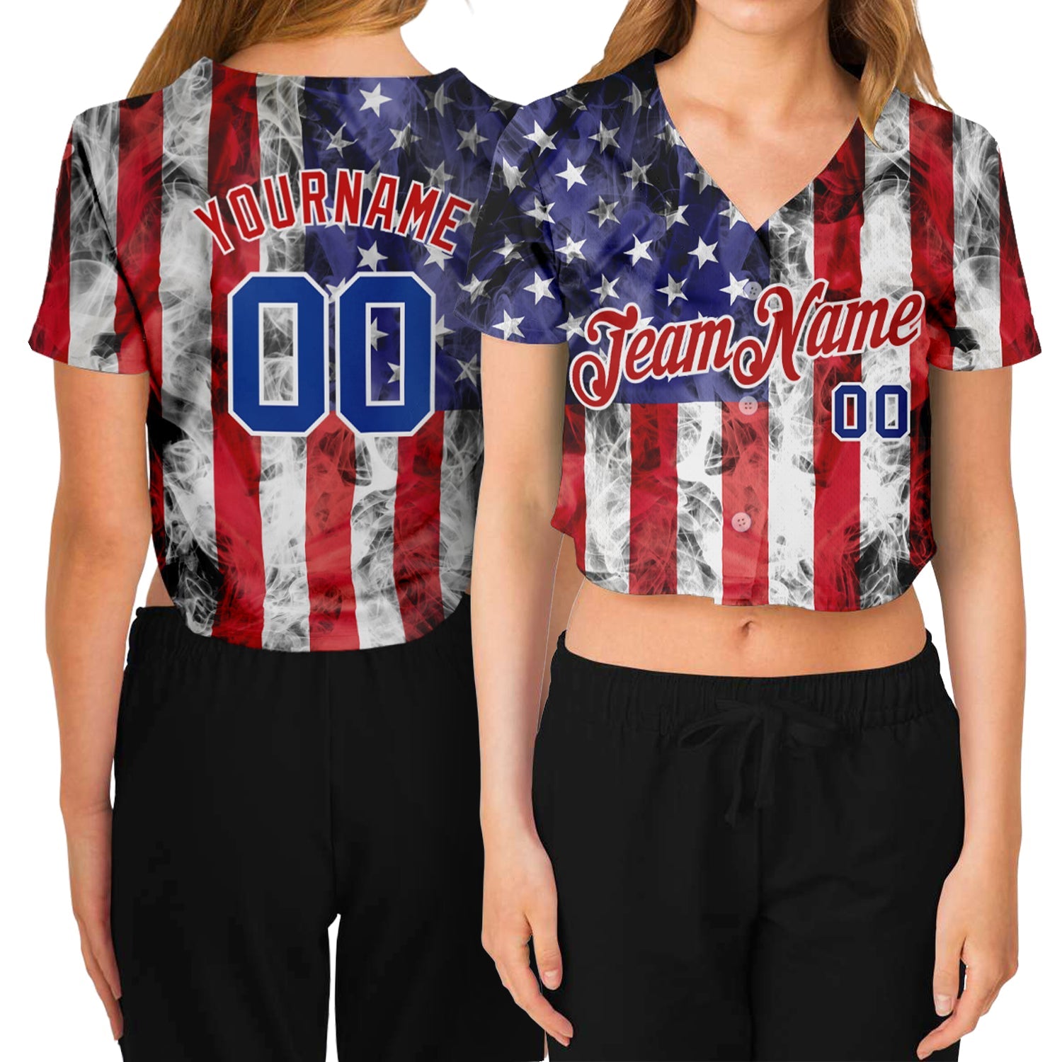 Custom Women's White Royal-Red American Flag Fashion 3D V-Neck Cropped Baseball Jersey - Sky-Custom