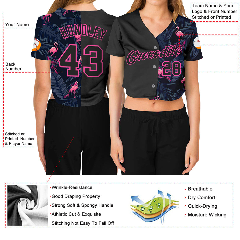 Custom Women's Black Black-Pink Flamingo 3D V-Neck Cropped Baseball Jersey - Sky-Custom