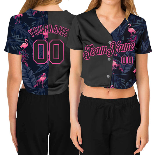 Custom Women's Black Black-Pink Flamingo 3D V-Neck Cropped Baseball Jersey - Sky-Custom