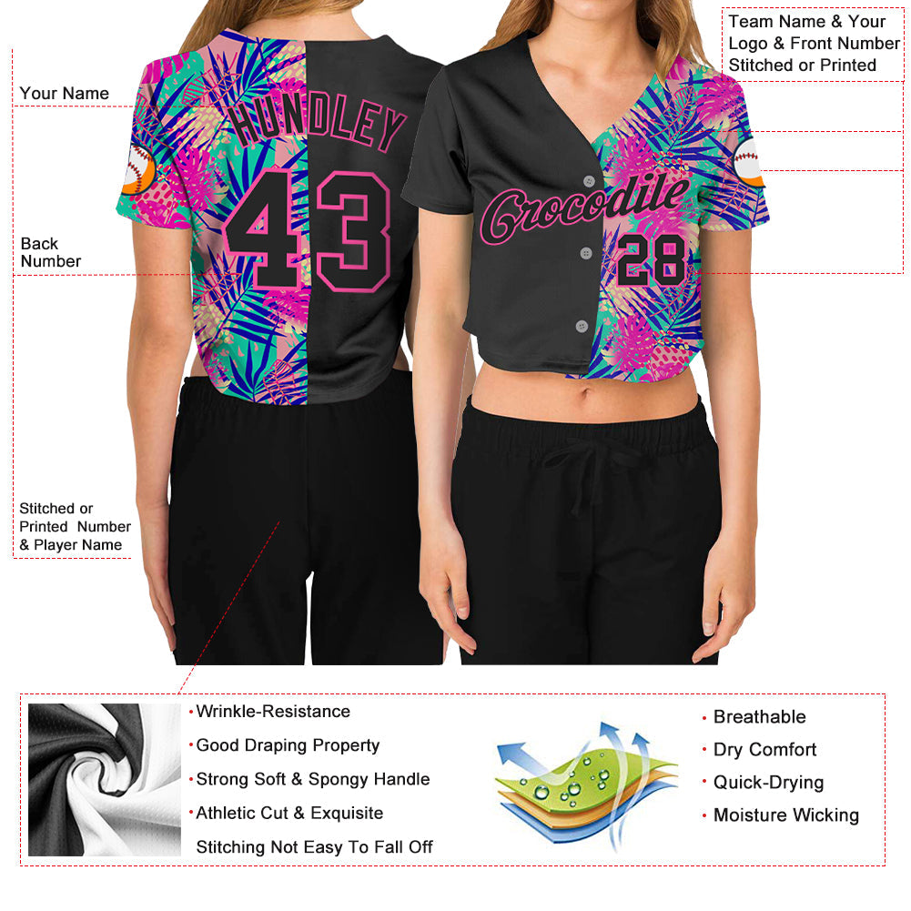 Custom Women's Black Black-Pink Summer 3D V-Neck Cropped Baseball Jersey - Sky-Custom
