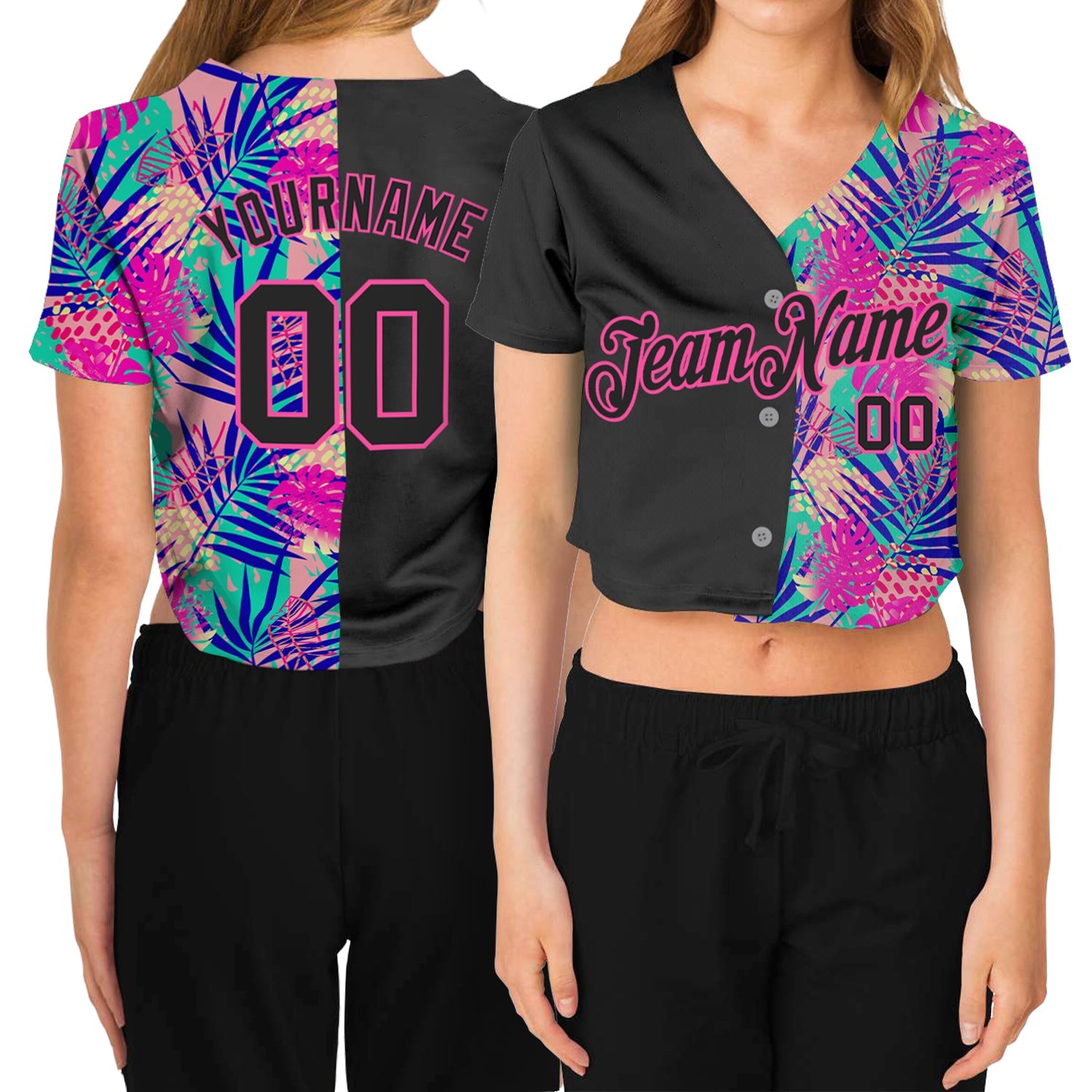 Custom Women's Black Black-Pink Summer 3D V-Neck Cropped Baseball Jersey - Sky-Custom