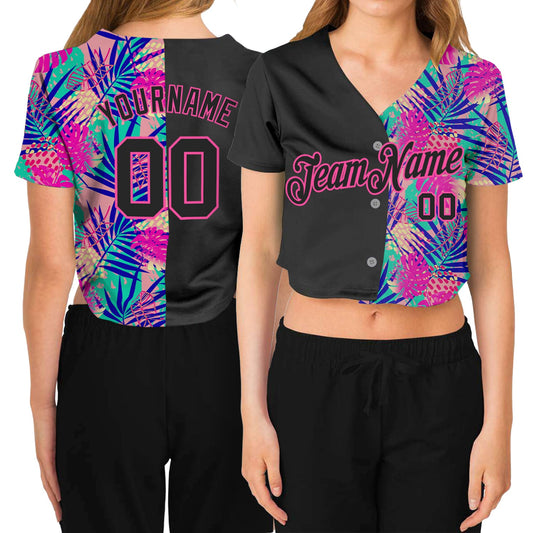 Custom Women's Black Black-Pink Summer 3D V-Neck Cropped Baseball Jersey - Sky-Custom