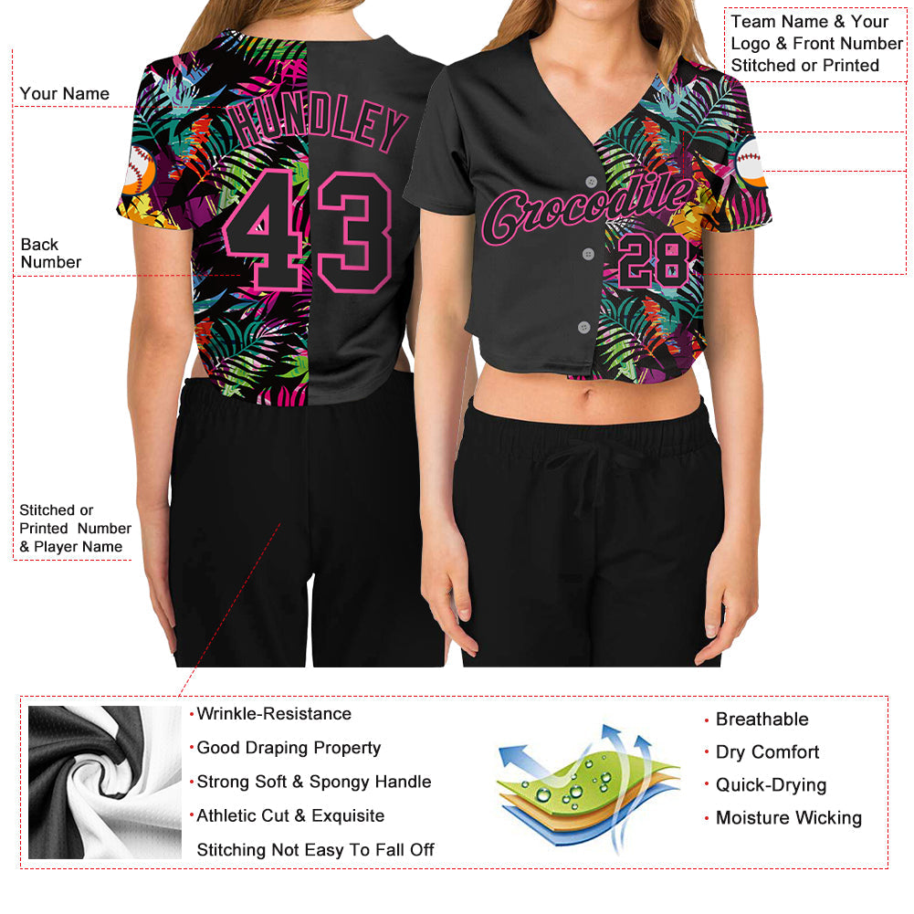 Custom Women's Black Black-Pink Tropical Palm Leaves 3D V-Neck Cropped Baseball Jersey - Sky-Custom