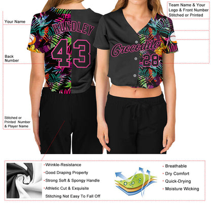 Custom Women's Black Black-Pink Tropical Palm Leaves 3D V-Neck Cropped Baseball Jersey - Sky-Custom