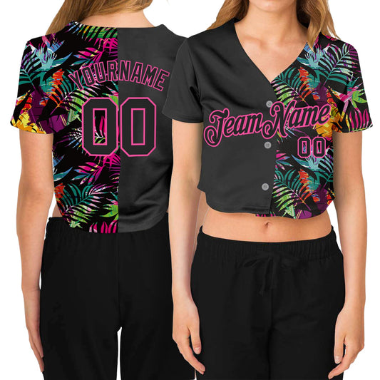 Custom Women's Black Black-Pink Tropical Palm Leaves 3D V-Neck Cropped Baseball Jersey - Sky-Custom