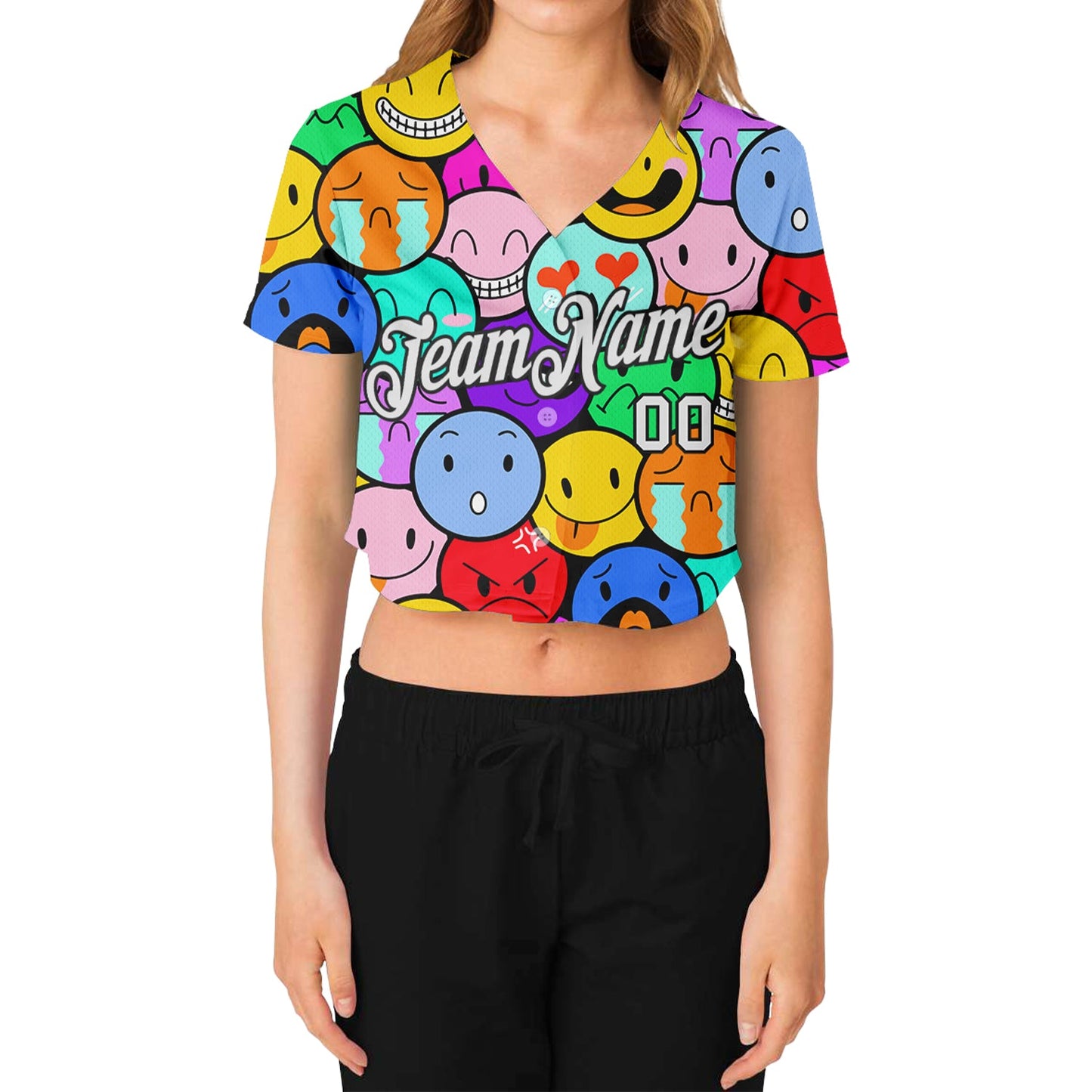 Custom Women's Colorful White-Black Emoji 3D V-Neck Cropped Baseball Jersey - Sky-Custom