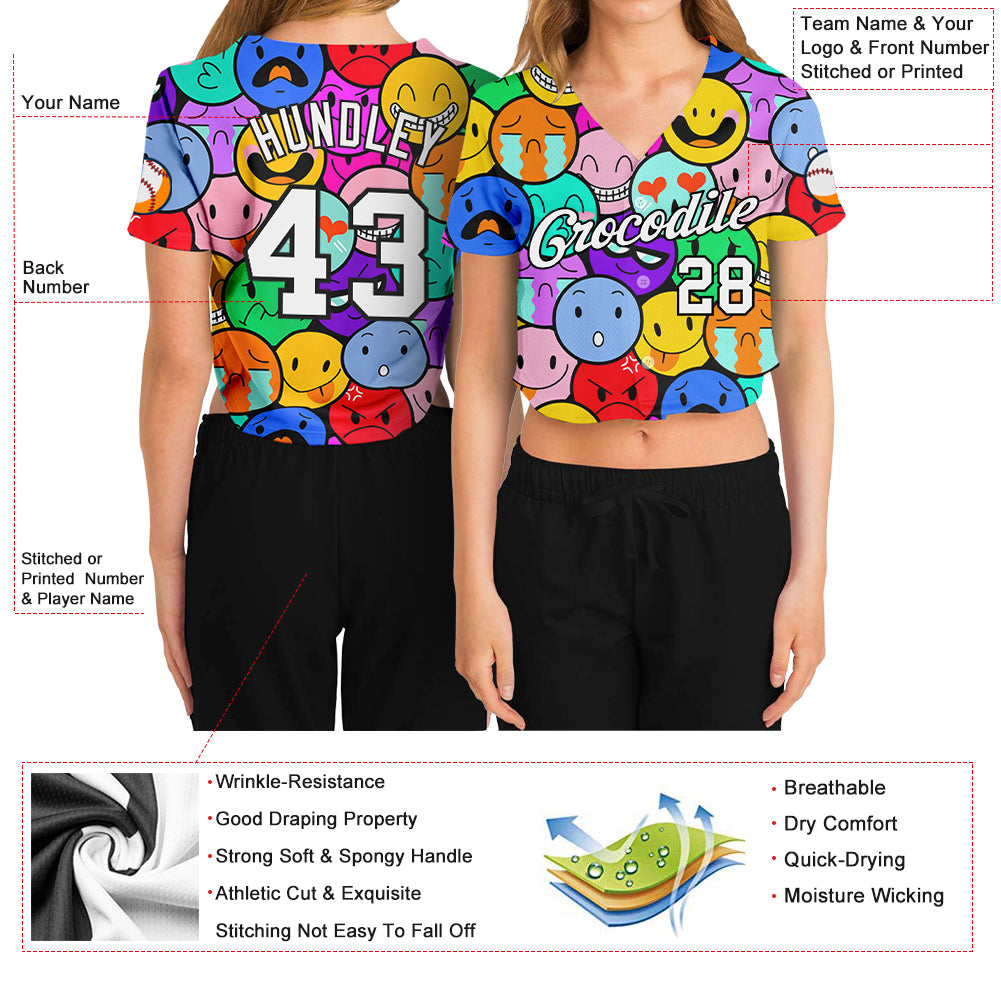Custom Women's Colorful White-Black Emoji 3D V-Neck Cropped Baseball Jersey - Sky-Custom