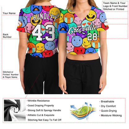 Custom Women's Colorful White-Black Emoji 3D V-Neck Cropped Baseball Jersey - Sky-Custom