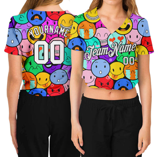 Custom Women's Colorful White-Black Emoji 3D V-Neck Cropped Baseball Jersey - Sky-Custom