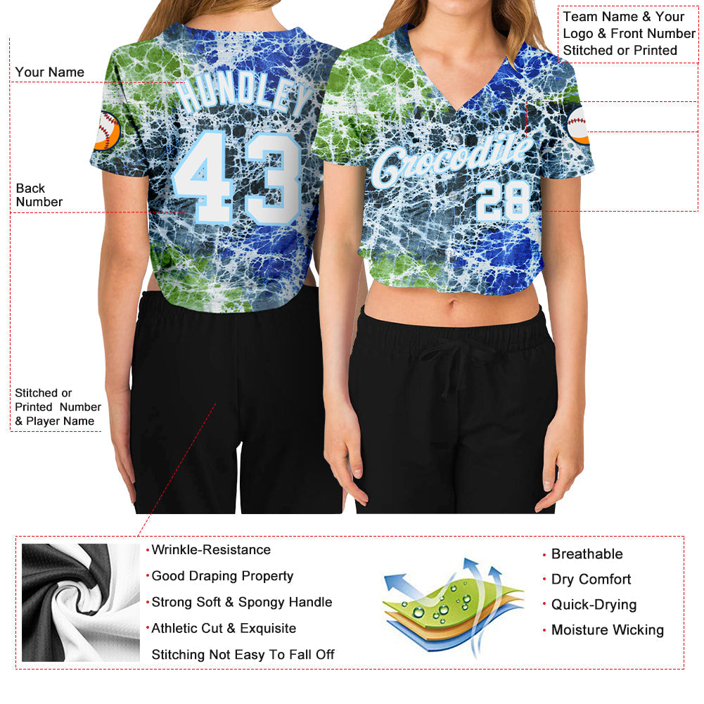 Custom Women's Tie Dye White-Light Blue Abstract Art 3D V-Neck Cropped Baseball Jersey - Sky-Custom
