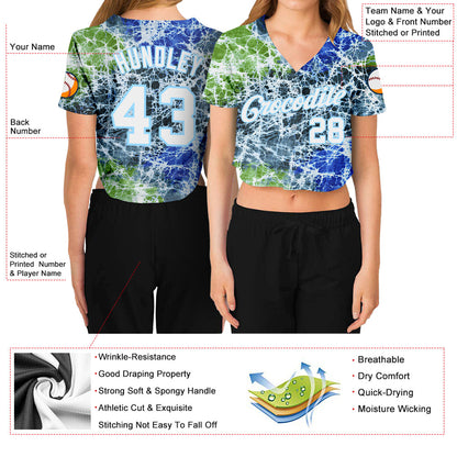 Custom Women's Tie Dye White-Light Blue Abstract Art 3D V-Neck Cropped Baseball Jersey - Sky-Custom
