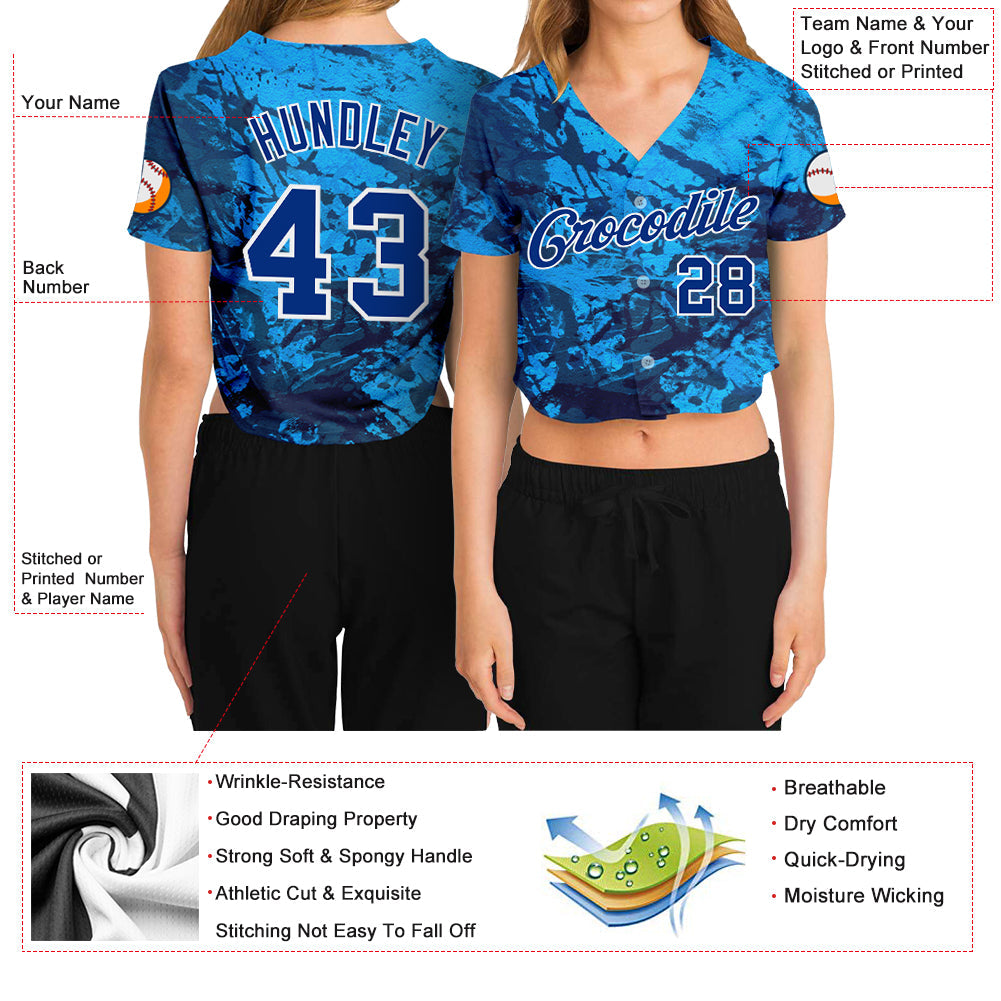 Custom Women's Graffiti Pattern Royal-White Abstract Ink Handmade Art 3D V-Neck Cropped Baseball Jersey - Sky-Custom