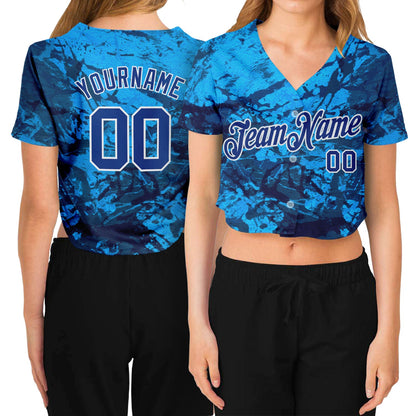 Custom Women's Graffiti Pattern Royal-White Abstract Ink Handmade Art 3D V-Neck Cropped Baseball Jersey - Sky-Custom