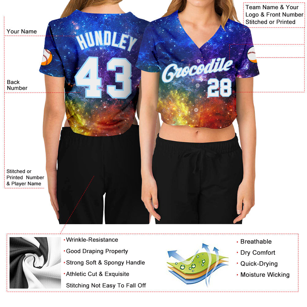 Custom Women's Galactic White-Light Blue 3D V-Neck Cropped Baseball Jersey - Sky-Custom