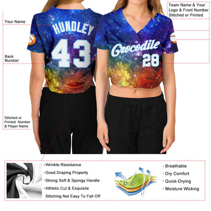 Custom Women's Galactic White-Light Blue 3D V-Neck Cropped Baseball Jersey - Sky-Custom