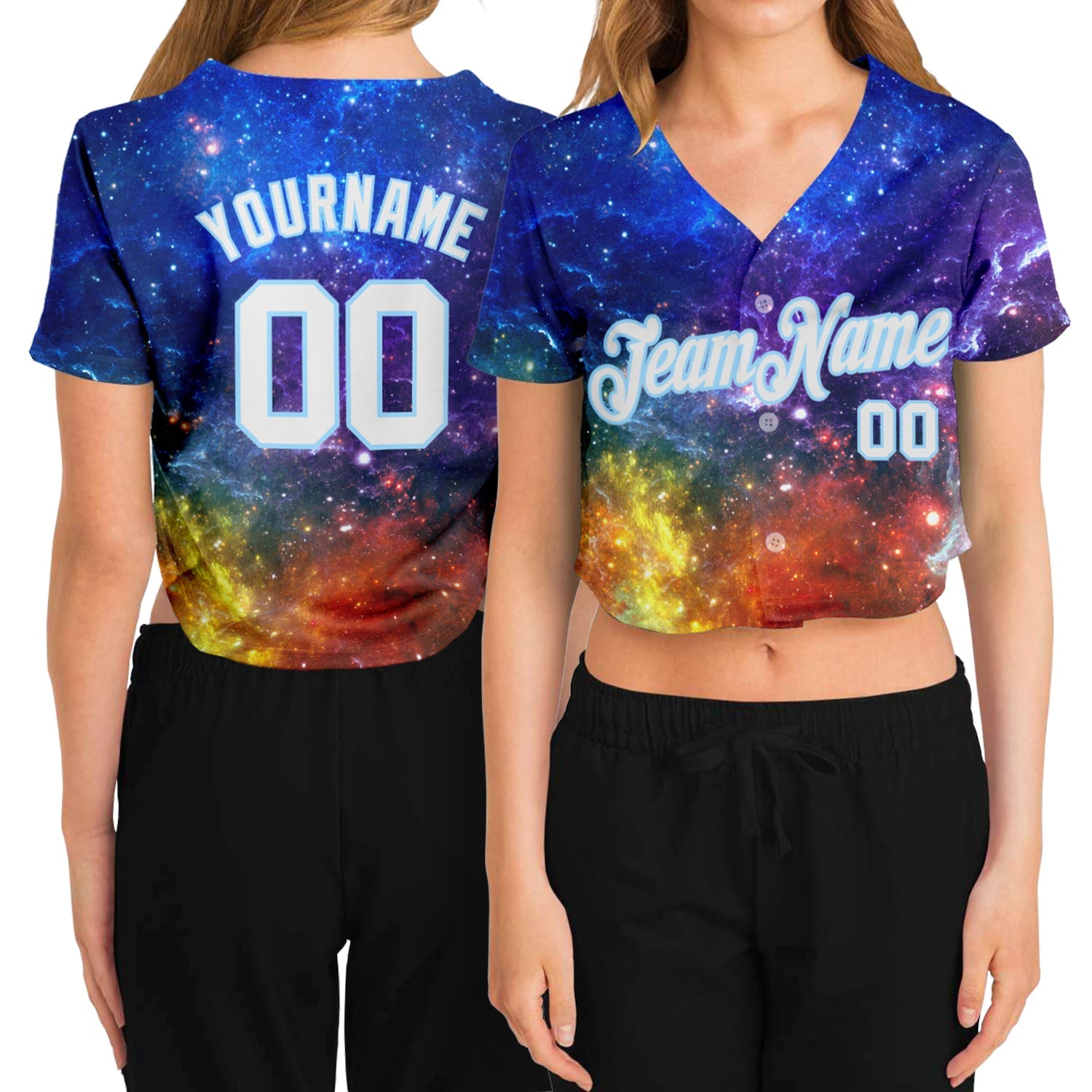 Custom Women's Galactic White-Light Blue 3D V-Neck Cropped Baseball Jersey - Sky-Custom