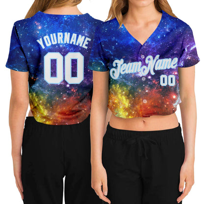Custom Women's Galactic White-Light Blue 3D V-Neck Cropped Baseball Jersey - Sky-Custom