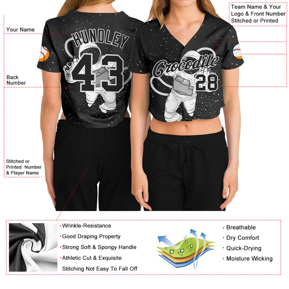 Custom Women's Black Black-White Astronaut 3D V-Neck Cropped Baseball Jersey - Sky-Custom