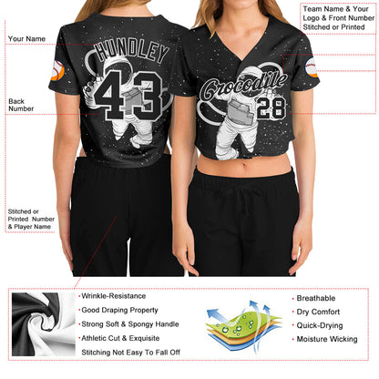 Custom Women's Black Black-White Astronaut 3D V-Neck Cropped Baseball Jersey - Sky-Custom