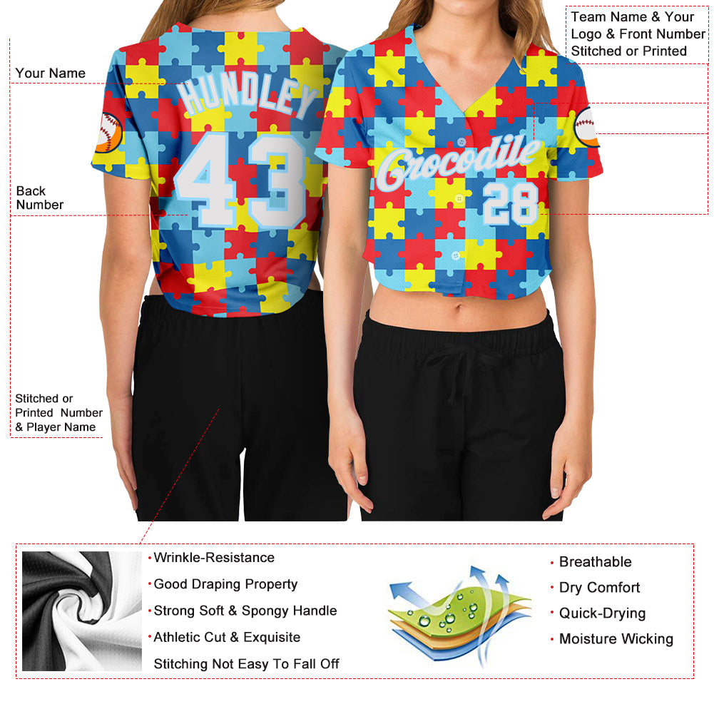 Custom Women's Autism Awareness Puzzle Pieces White-Light Blue 3D V-Neck Cropped Baseball Jersey - Sky-Custom