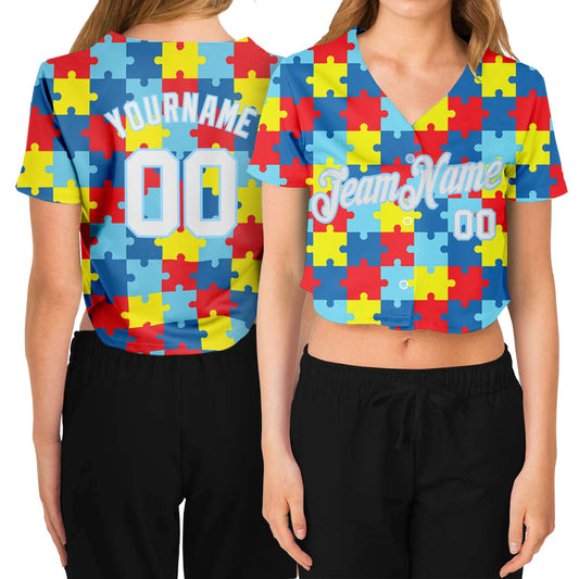 Custom Women's Autism Awareness Puzzle Pieces White-Light Blue 3D V-Neck Cropped Baseball Jersey - Sky-Custom