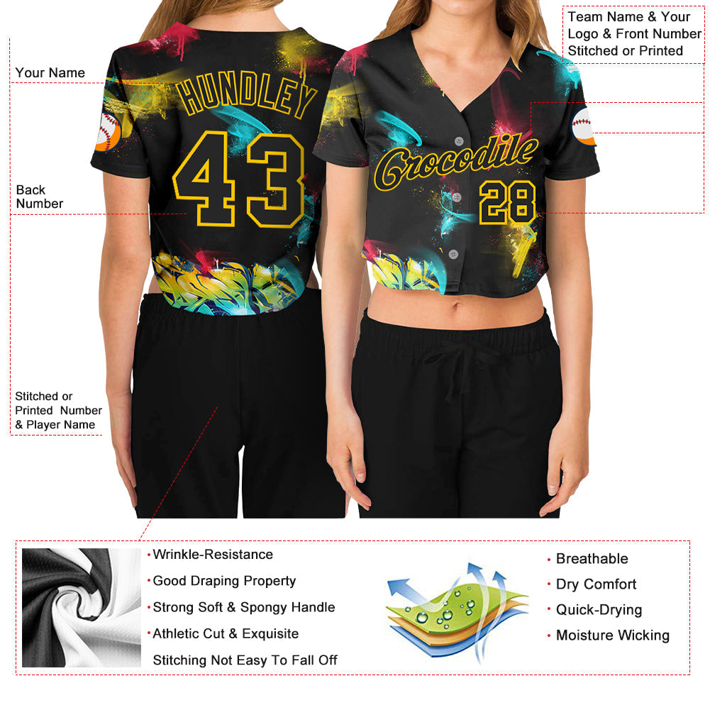 Custom Women's Graffiti Pattern Black-Gold 3D V-Neck Cropped Baseball Jersey - Sky-Custom