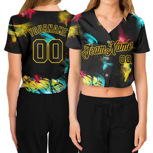 Custom Women's Graffiti Pattern Black-Gold 3D V-Neck Cropped Baseball Jersey - Sky-Custom