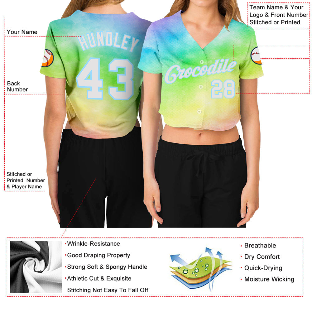 Custom Women's Tie Dye White-Light Blue Rainbow 3D V-Neck Cropped Baseball Jersey - Sky-Custom